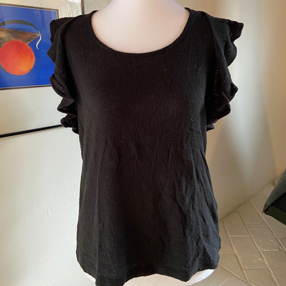 Black Linen Ruffle Sleeve Blouse